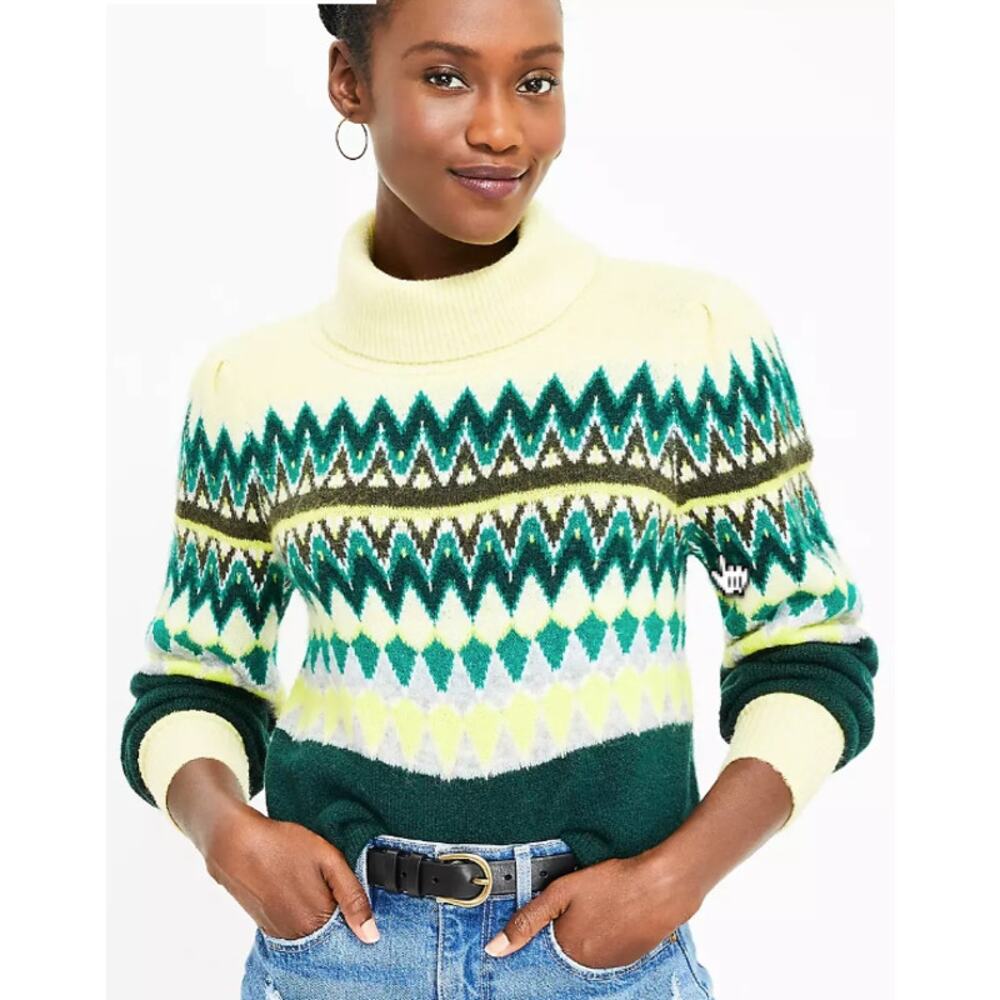 Loft Womens SZ M Soft knit Chevron Stitched Turtleneck Sweater Yellow green
